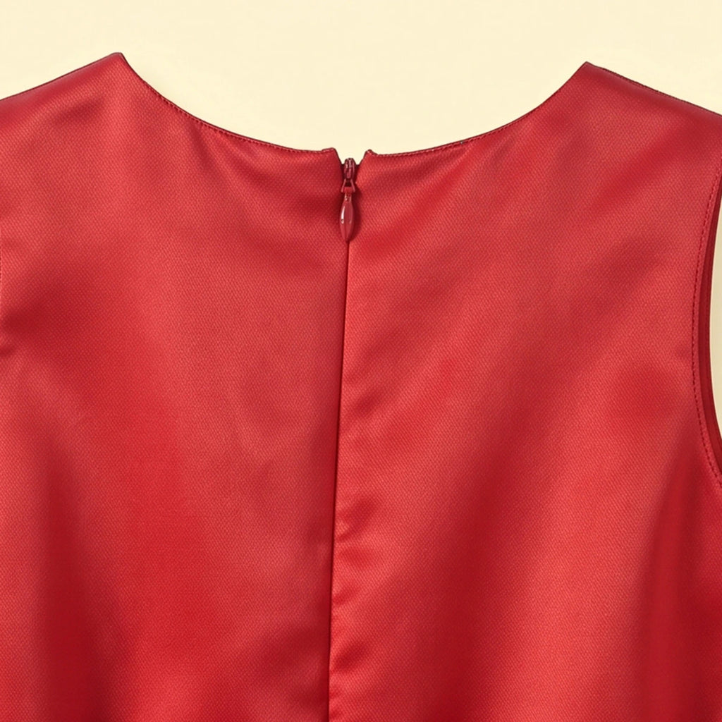Girls red sleeveless party gown with tulle skirt and applique