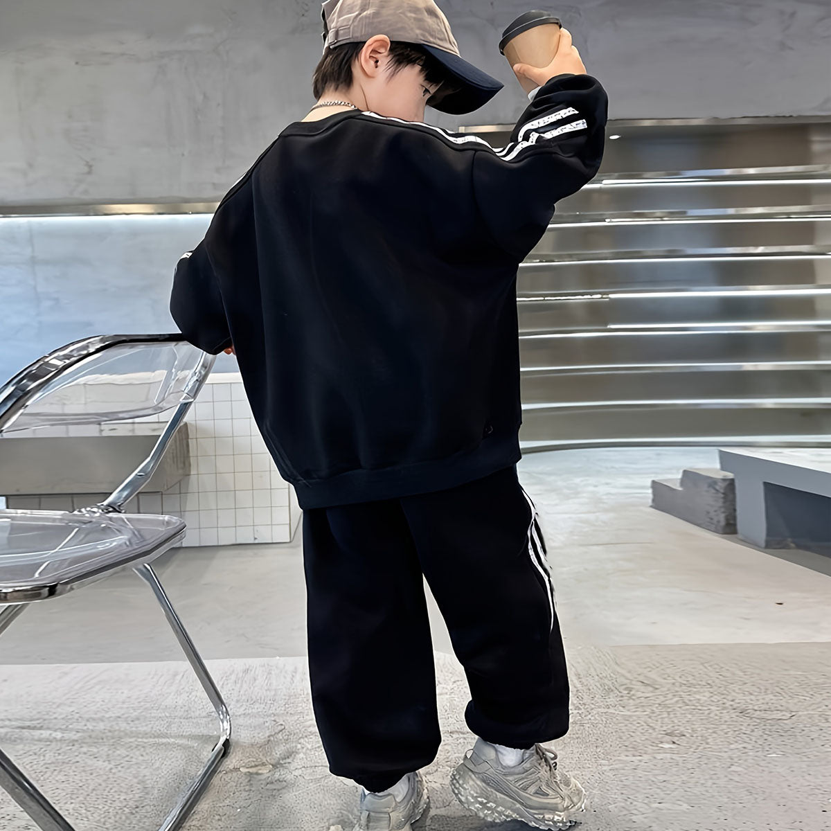 Boys Black Typographic Printed Sweatshirt With Joggers Winter Co-ord Sets 2 pc. Sets
