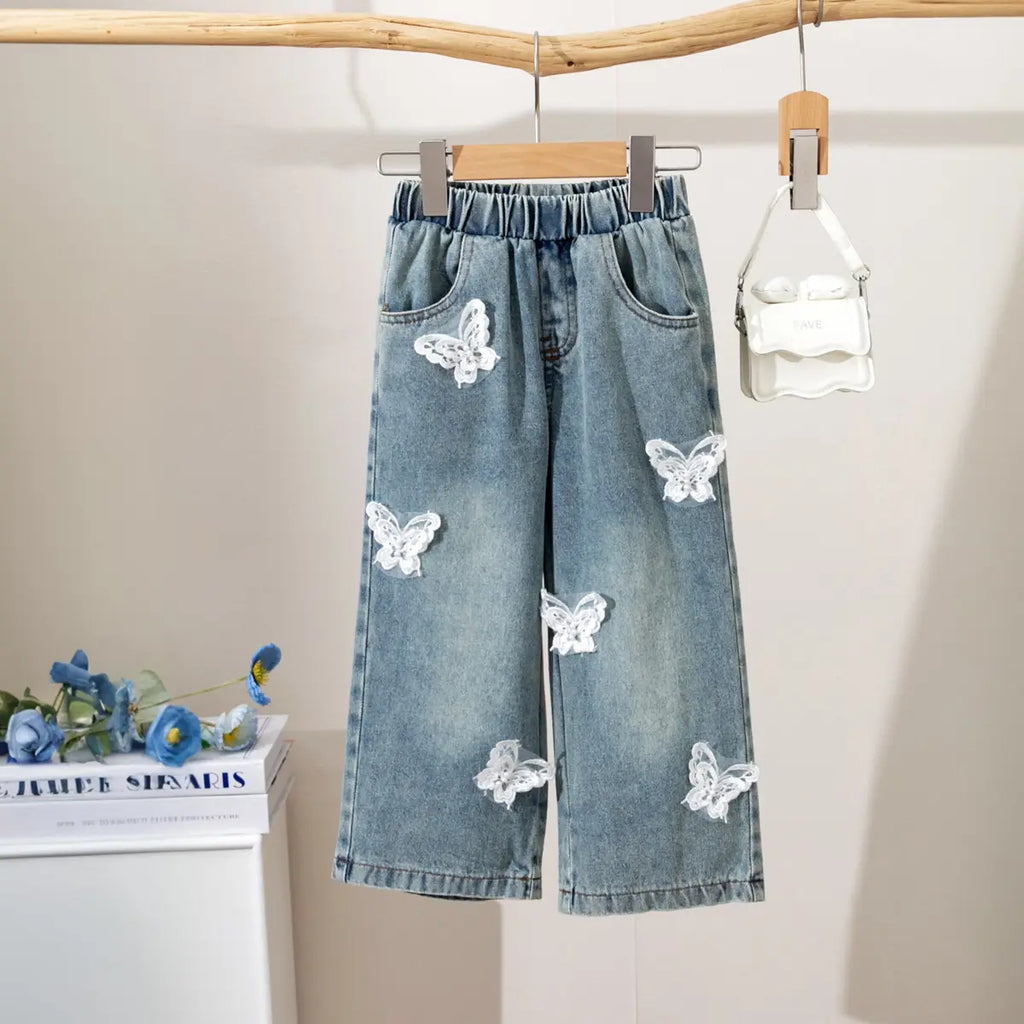 Girls White Sleeveless Peplum Top & Denim Pants With Butterfly Applique Sets Sets
