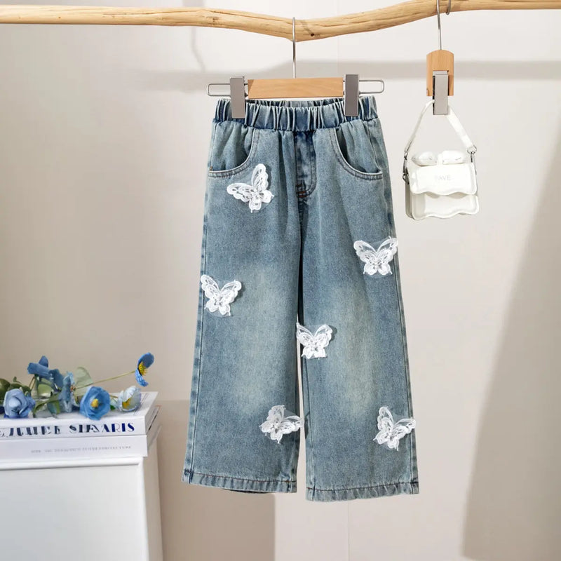 Girls White Sleeveless Peplum Top & Denim Pants With Butterfly Applique Sets Sets