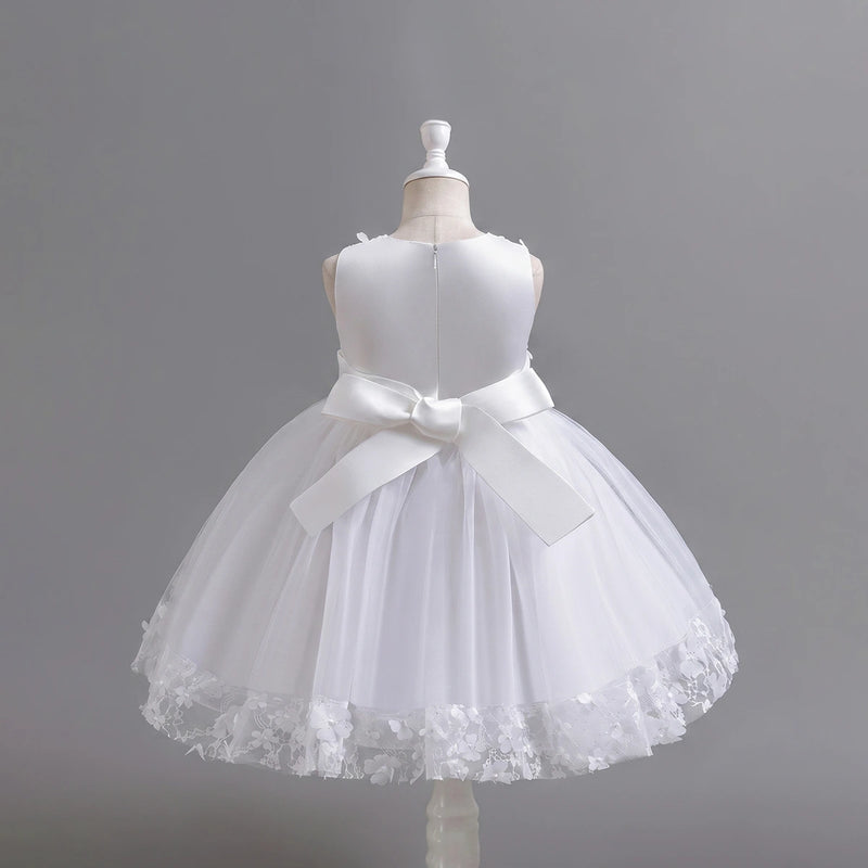 Girls White Floral Applique Sleeveless Tutu Party Wear Dress Party Dresses