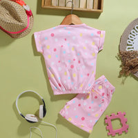 Girls Pink Polka Dot Printed Top With Shorts Co-ord Sets Sets