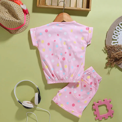 Girls Pink Polka Dot Printed Top With Shorts Co-ord Sets Sets