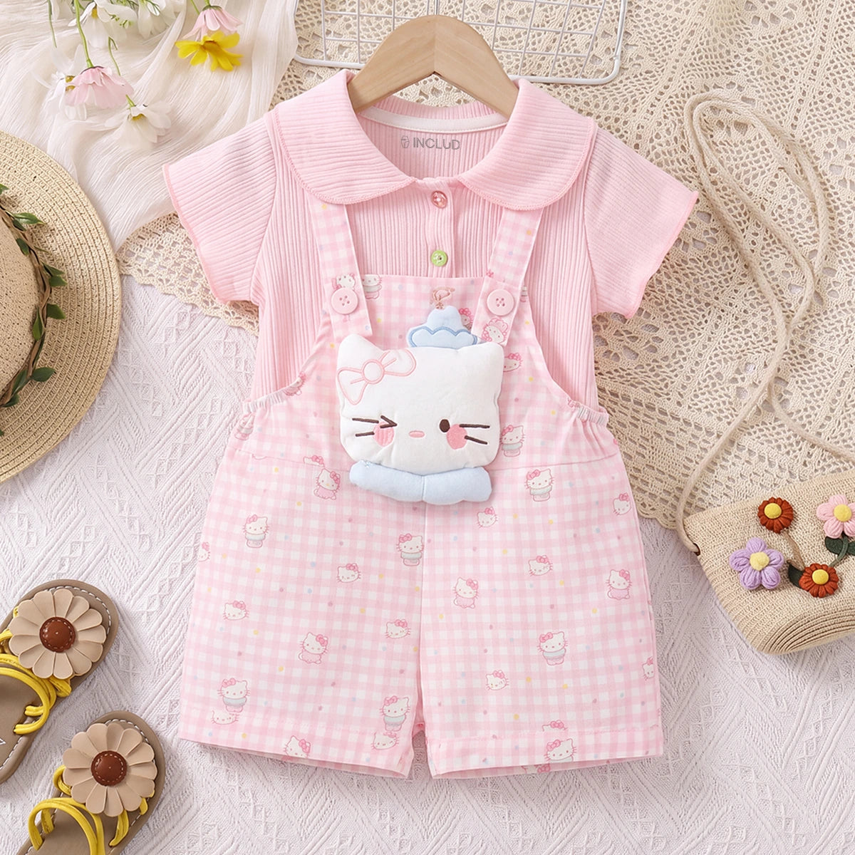 Girls Light Pink Checked Short Sleeve Top With Dungaree Sets 2 pc. Sets Light Pink 1-2 Y