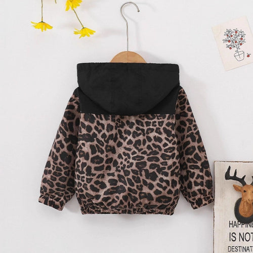 Girls Black Leopard Printed Hooded Zip-Up Jacket Coats & Jackets