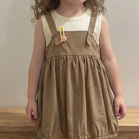Girls Brown Solid Pinafore Dress With Sleeveless Inner Top Casual Dresses