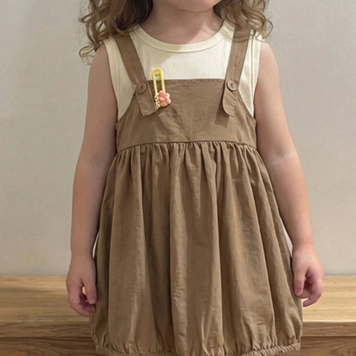 Girls Brown Solid Pinafore Dress With Sleeveless Inner Top Casual Dresses