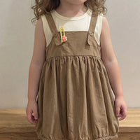 Girls Brown Solid Pinafore Dress With Sleeveless Inner Top Casual Dresses