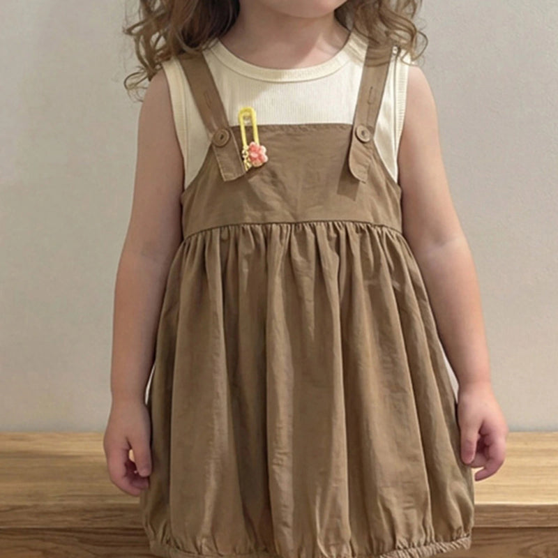 Girls Brown Solid Pinafore Dress With Sleeveless Inner Top Casual Dresses