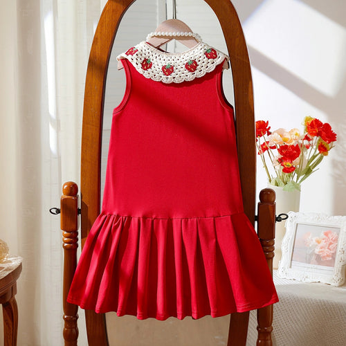 Girls Red Strawberry Applique Sleeveless A-Line Dress Casual Dresses