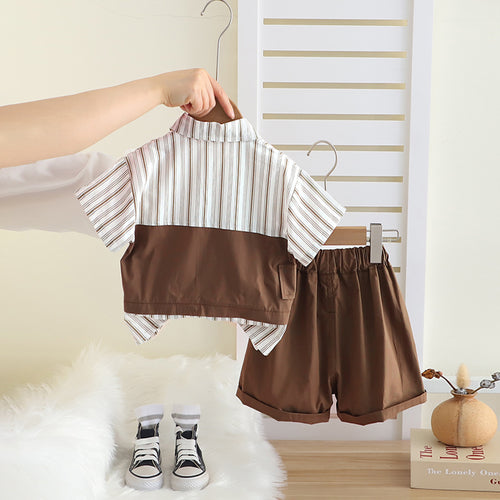 Boys Brown Striped Short Sleeves Shirt With T-Shirt And Shorts Set Sets