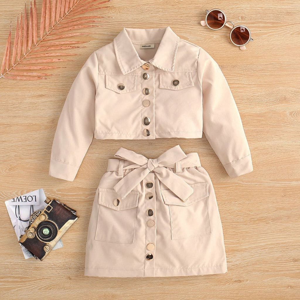 Girls Beige Long Sleeve Jacket Top With Skirt Set Sets Beige 1-2 Y 