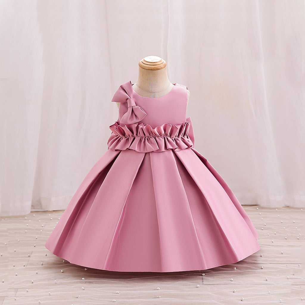 Girls Bow Applique Pleated Party Wear Dress Party Dresses   