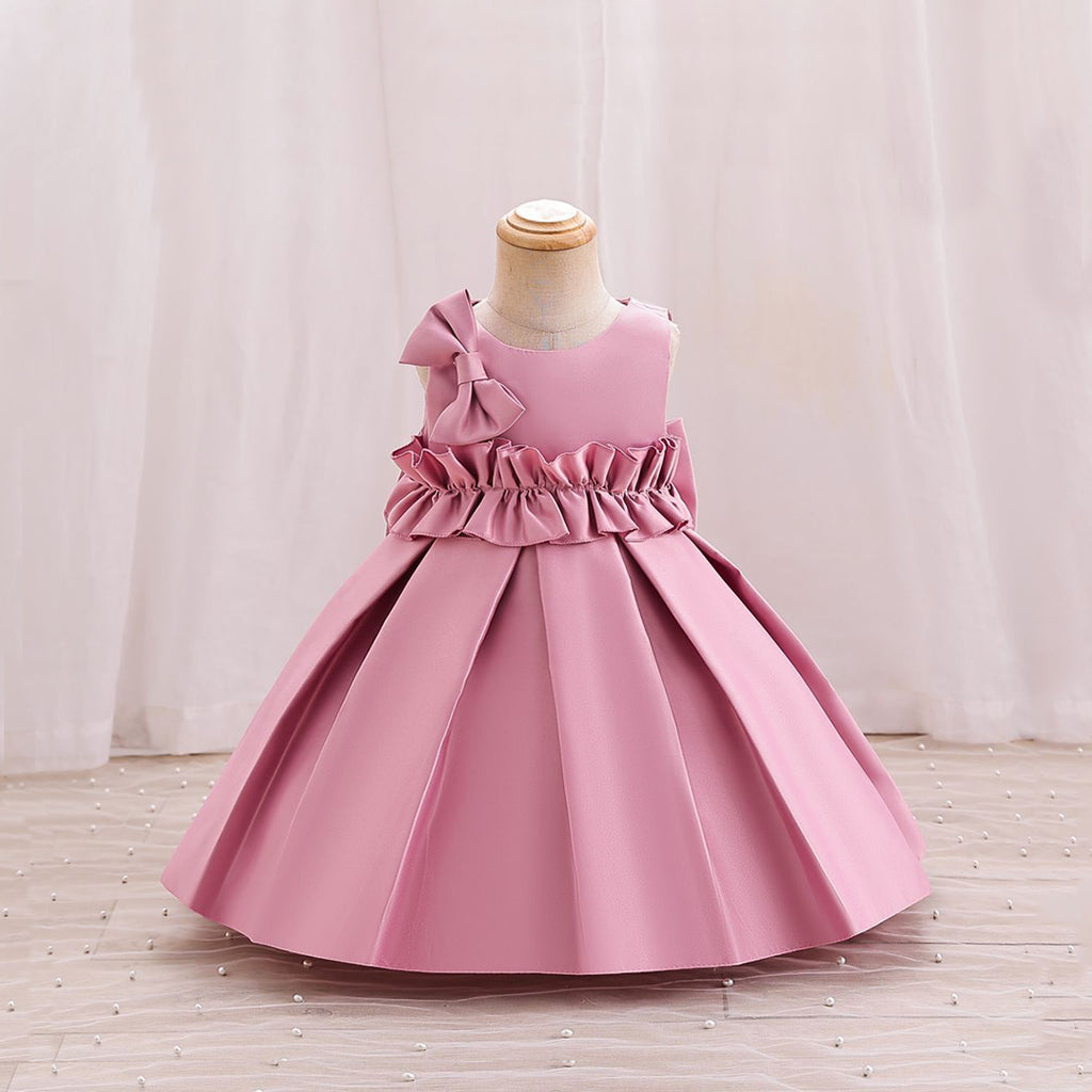 Girls Bow Applique Pleated Party Wear Dress