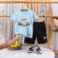 Boys Sea Green Typographic Printed Short Sleeve T-shirts With Elasticated Shorts Sets Sets Sea Green 1-2 Y