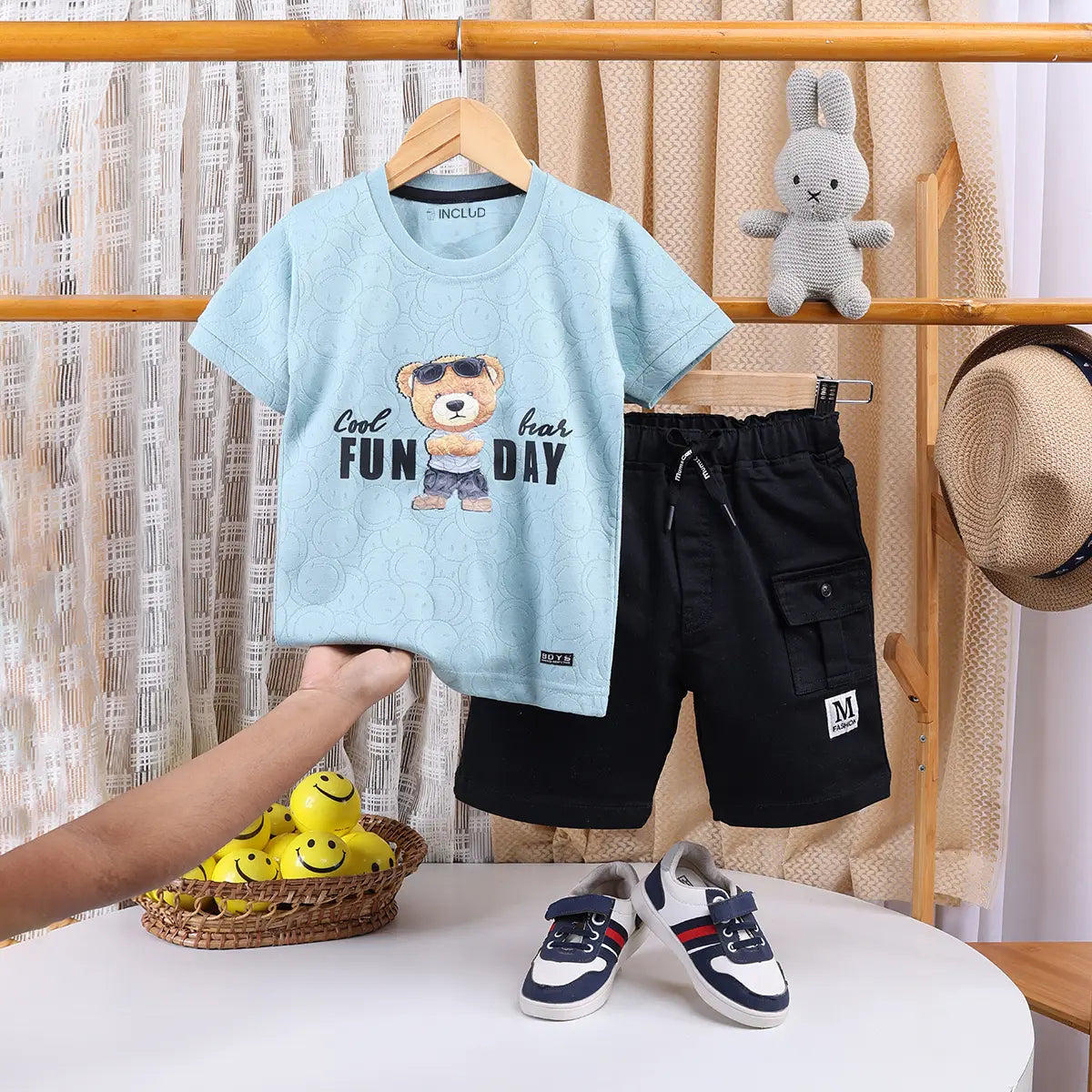 Boys Sea Green Typographic Printed Short Sleeve T-shirts With Elasticated Shorts Sets Sets Sea Green 1-2 Y