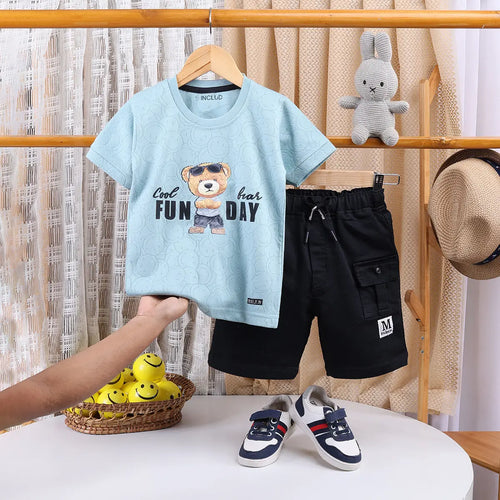 Boys Sea Green Typographic Printed Short Sleeve T-shirts With Elasticated Shorts Sets Sets Sea Green 1-2 Y
