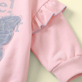 Girls Pink Butterfly Embellished Sweatshirt & Denim Pants Sets Sets