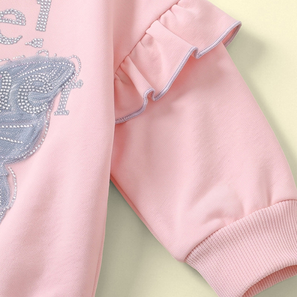 Girls Pink Butterfly Embellished Sweatshirt & Denim Pants Sets Sets