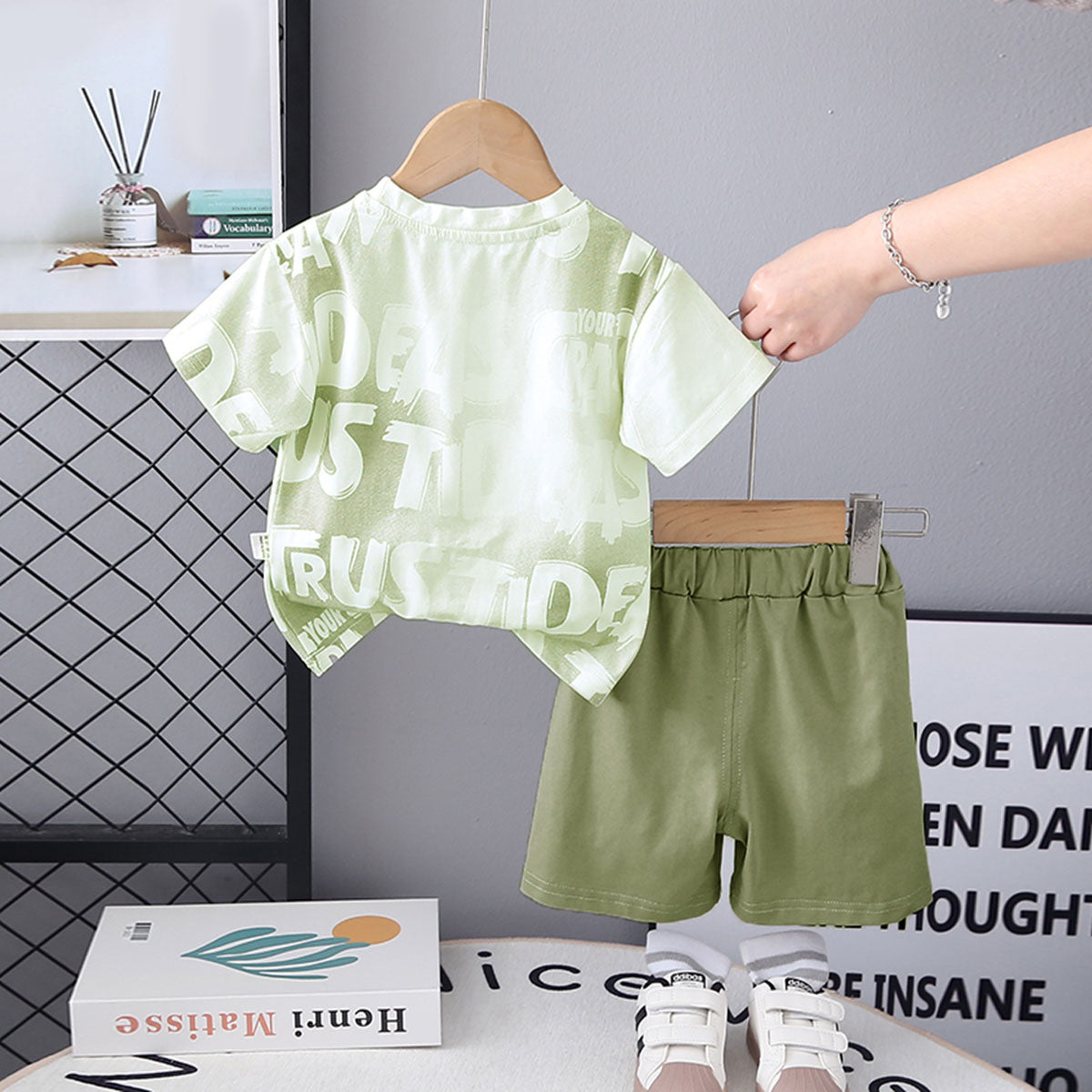 Boys Typographic Printed Contrast Pocket T-Shirt With Green Shorts Set 2 pc. Sets