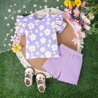 Girls Short Sleeve Flower Printed T-Shirt With Shorts Set 2 pc. Sets Purple 1-2 Y 