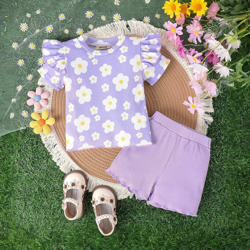 Girls Short Sleeve Flower Printed T-Shirt With Shorts Set