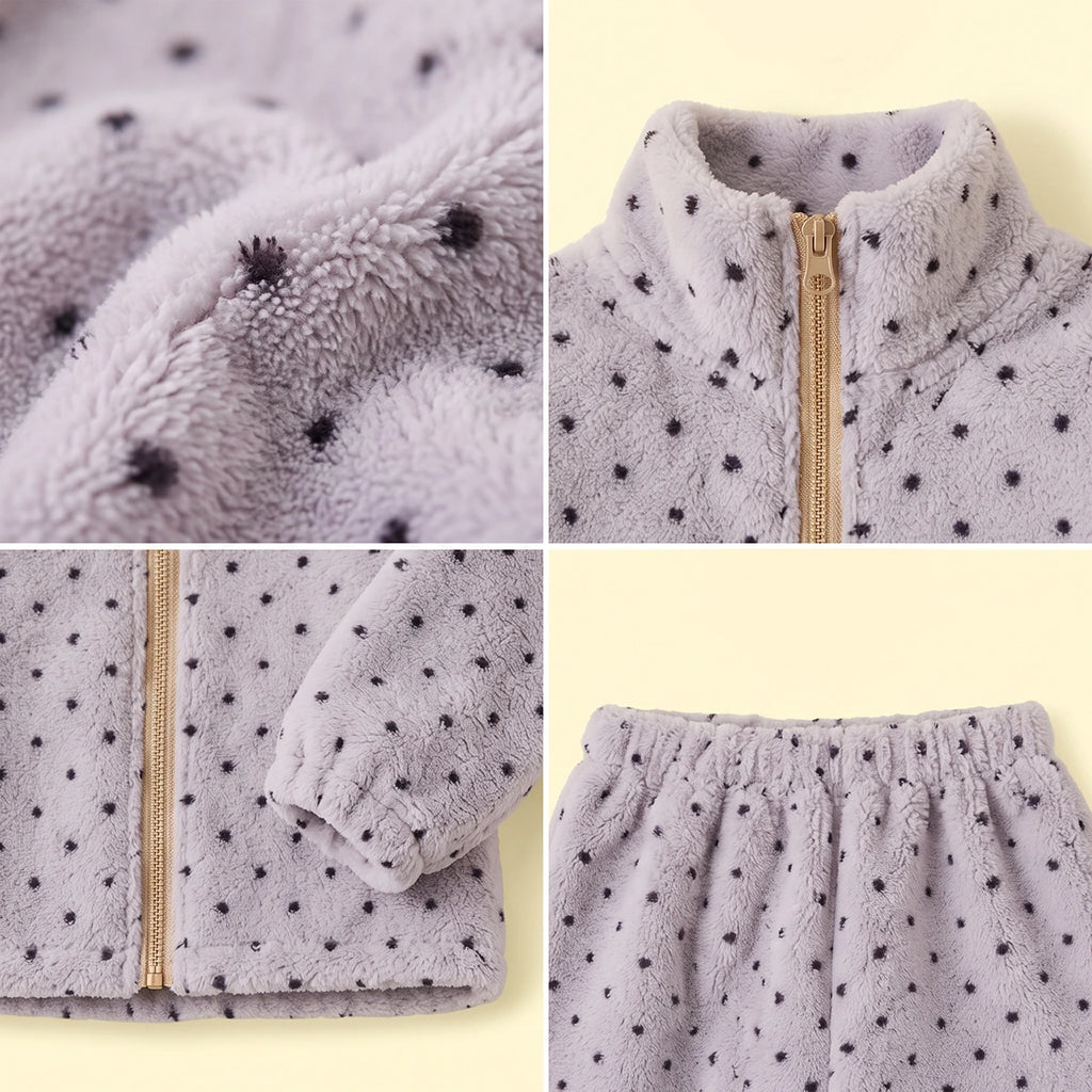 Girls Grey Polka Dot Printed Fleece Jacket & Pants Co-ord Sets Sets