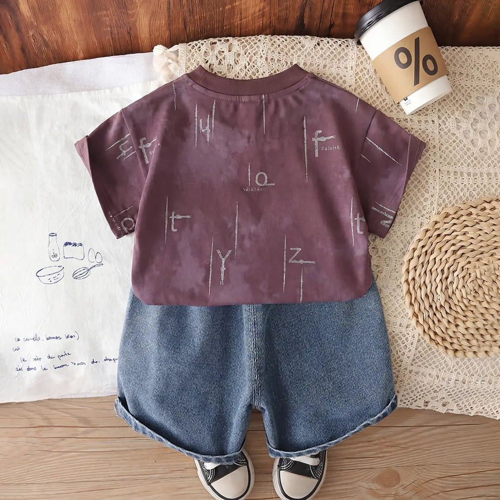Boys Brown Typographic Printed Short Sleeves T-Shirt With Denim Shorts Sets 2 pc. Sets