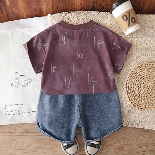 Boys Brown Typographic Printed Short Sleeves T-Shirt With Denim Shorts Sets 2 pc. Sets