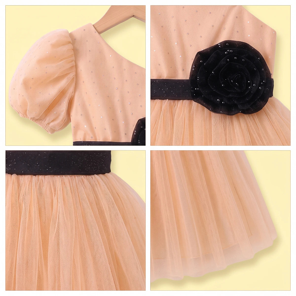 Girls Peach One -Shoulder Floral Applique Fit & Flare Dress Party Dresses