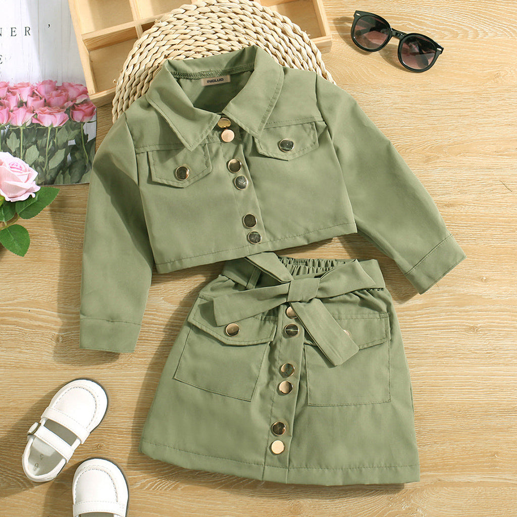 Girls Green Long Sleeve Jacket Top With Skirt Set Sets Green 1-2 Y 