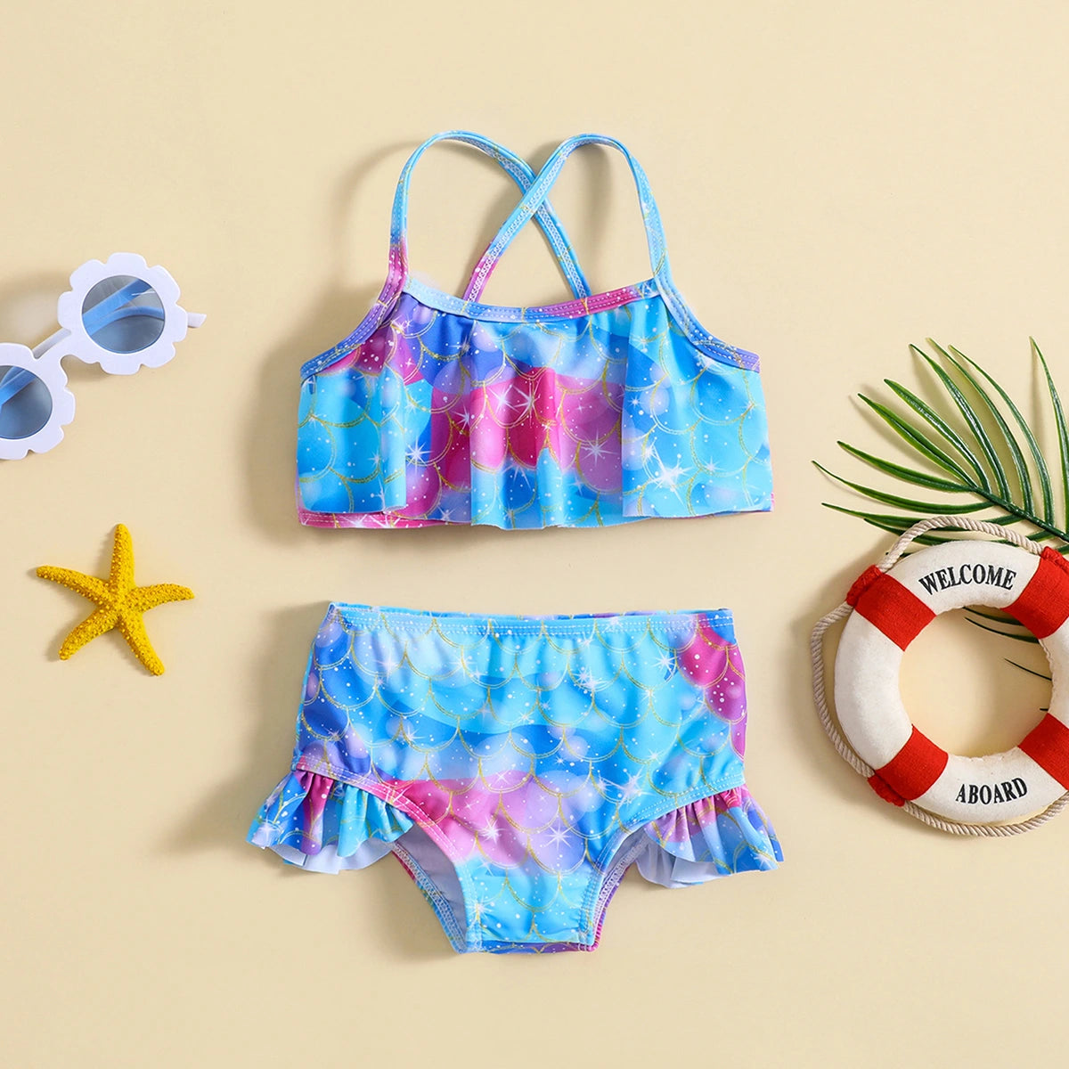 Girls Blue Abstract Printed top With Briefs Swimwear Sets Sets Blue 1-2 Y
