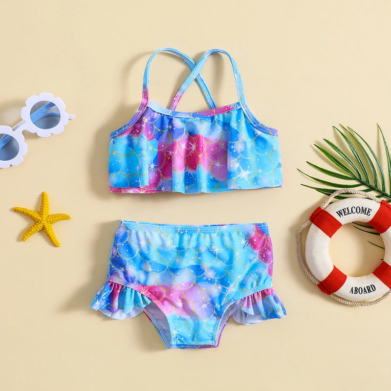 Girls Blue Abstract Printed top With Briefs Swimwear Sets Sets Blue 1-2 Y