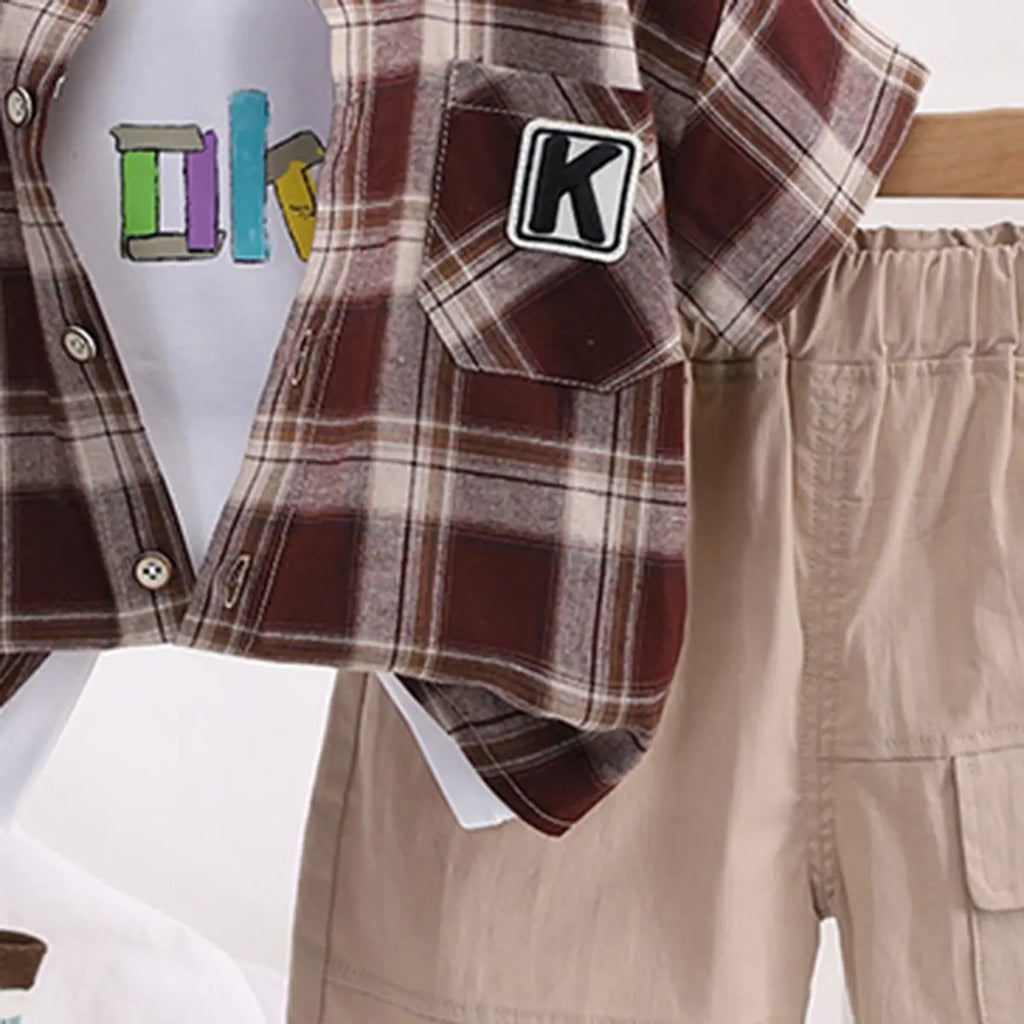 Boys Brown Checked Short Sleeve Shirt With Printed T-Shirt And Shorts Sets 3 pc. Sets