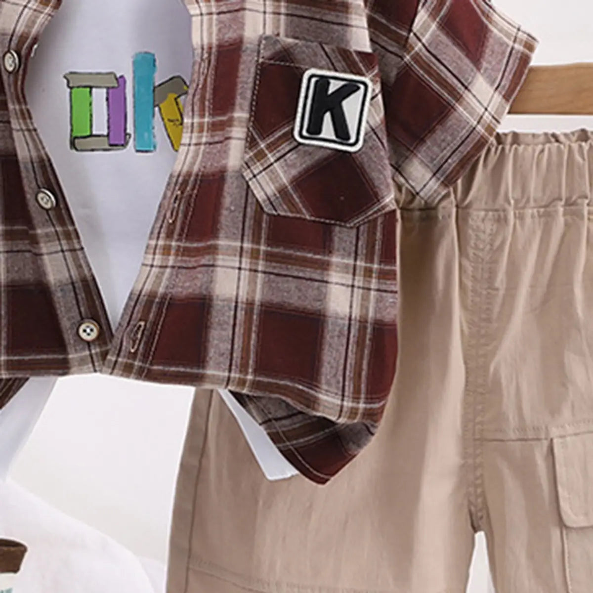 Boys Brown Checked Short Sleeve Shirt With Printed T-Shirt And Shorts Sets 3 pc. Sets