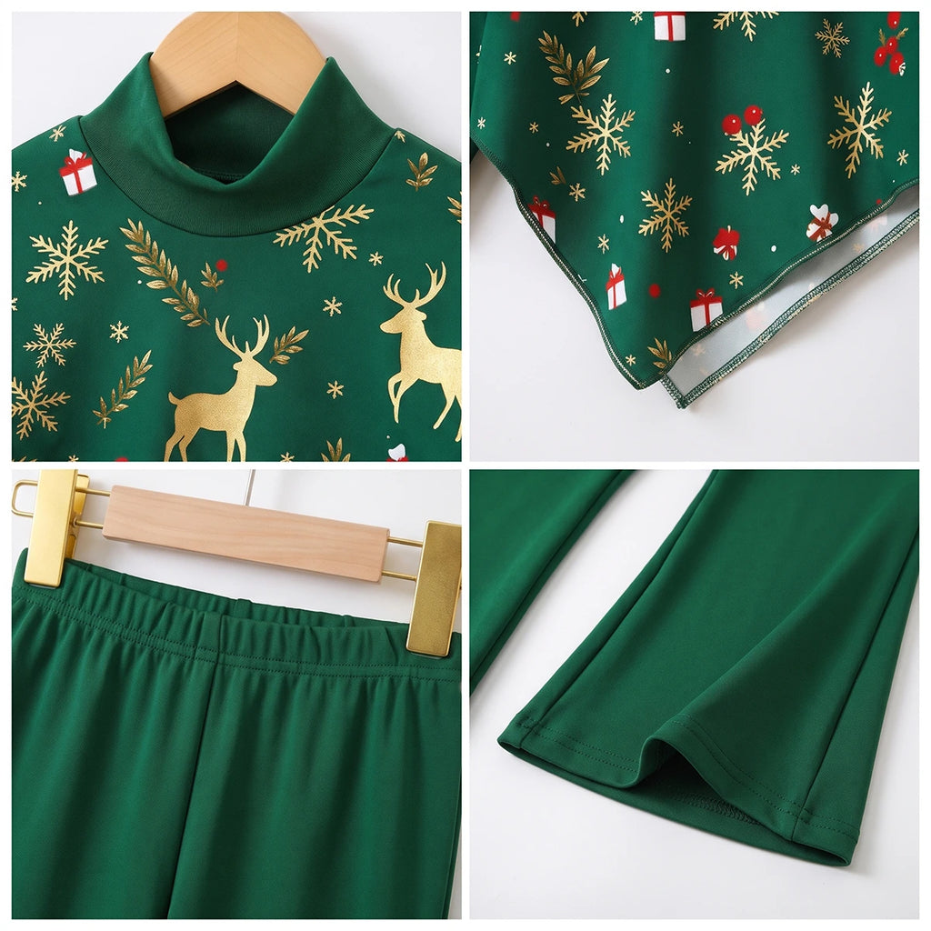 Girls Green Christmas Theme Printed Top With Pants Sets 2 pc. Sets