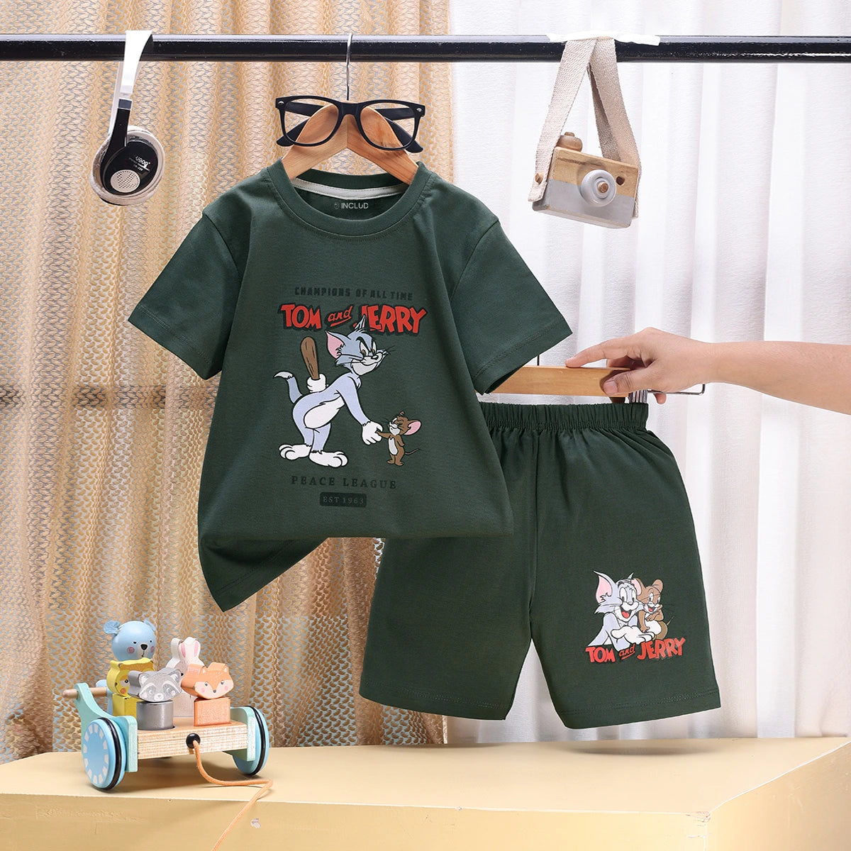 Boys Olive Tom And Jerry Graphic Short Sleeve T-Shirt With Shorts Sets 2 pc. Sets Olive 1-2 Y