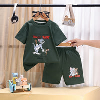 Boys Olive Tom And Jerry Graphic Short Sleeve T-Shirt With Shorts Sets 2 pc. Sets Olive 1-2 Y
