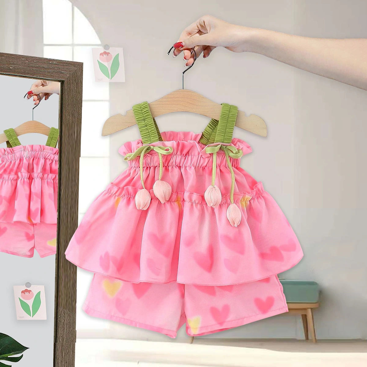 Girls Pink Heart Printed Sleeveless Top With Elasticated Shorts Sets 2 pc. Sets Pink 1-2 Y