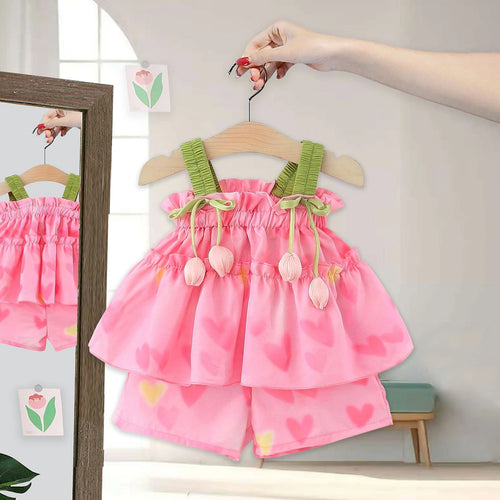 Girls Pink Heart Printed Sleeveless Top With Elasticated Shorts Sets 2 pc. Sets Pink 1-2 Y