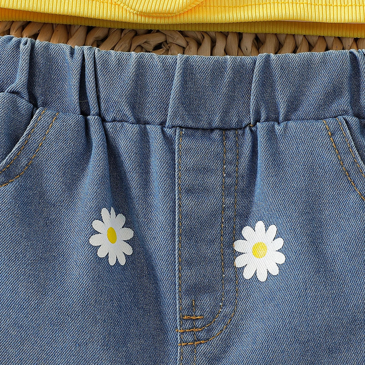 Girls Yellow Big Flower Applique Top With Floral Printed Denim Shorts Set Sets