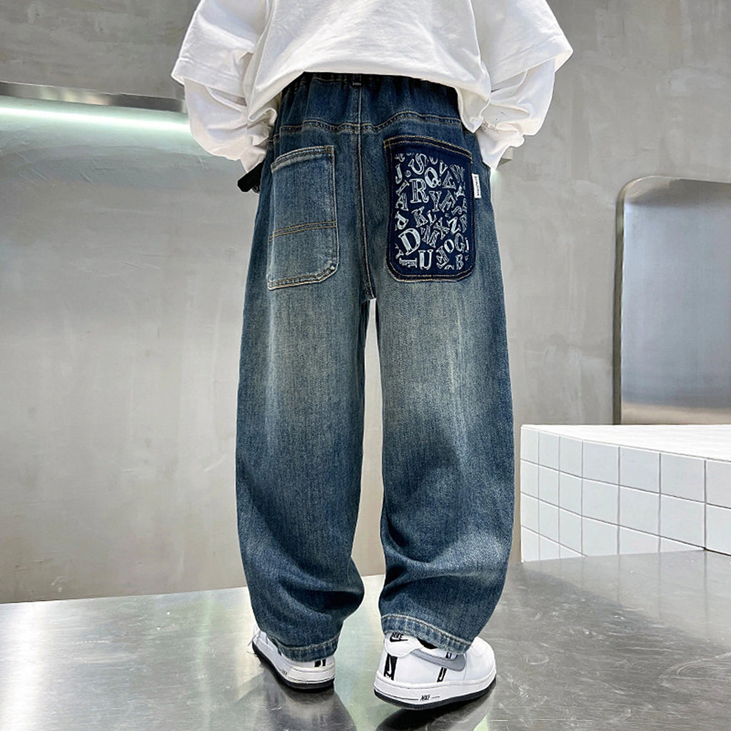 Boys Blue Typographic Patch Pocket Loose Fit Denim Jeans Pants
