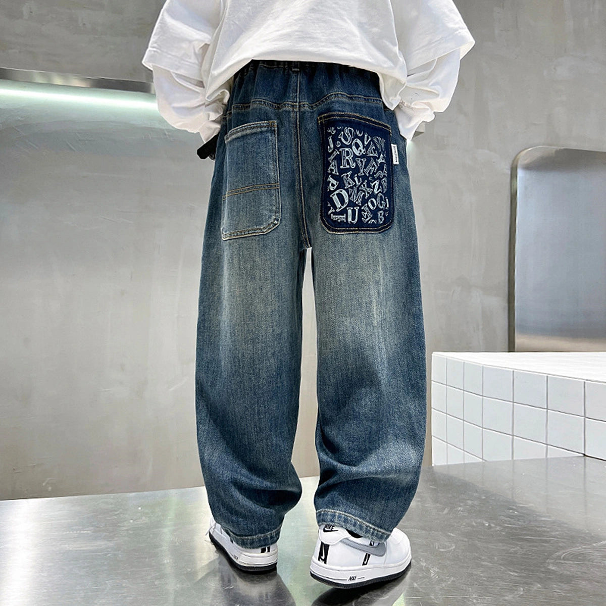 Boys Blue Typographic Patch Pocket Loose Fit Denim Jeans Pants