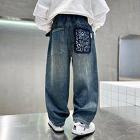 Boys Blue Typographic Patch Pocket Loose Fit Denim Jeans Pants