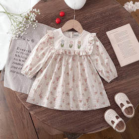 Girls Pink Floral Print Long Sleeve A-Line Dress Casual Dresses Pink 1-2 Y