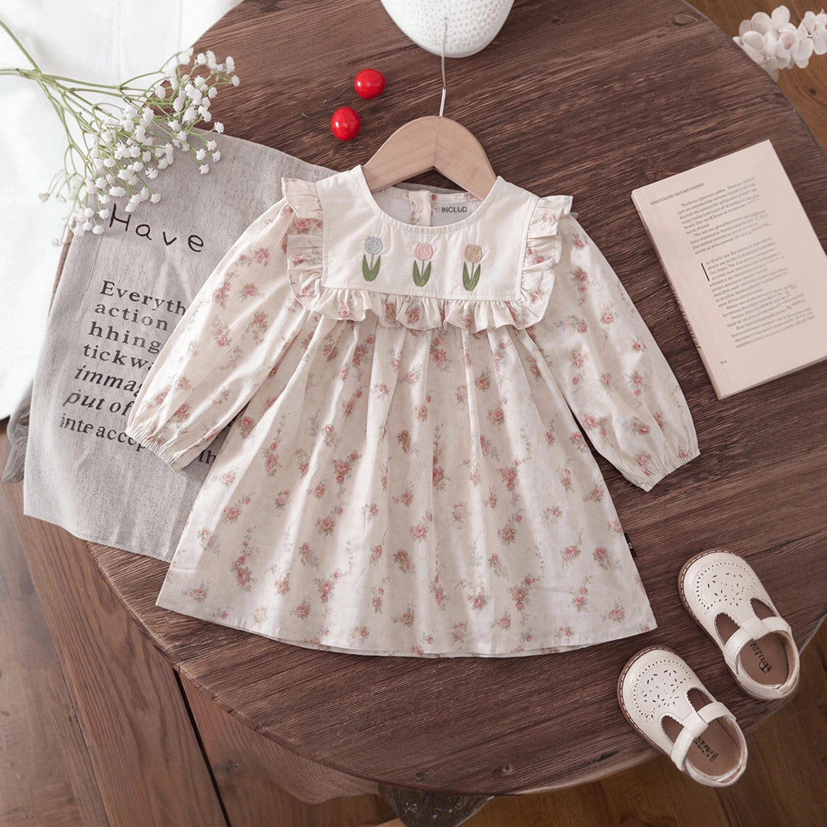 Girls Pink Floral Print Long Sleeve A-Line Dress Casual Dresses Pink 1-2 Y