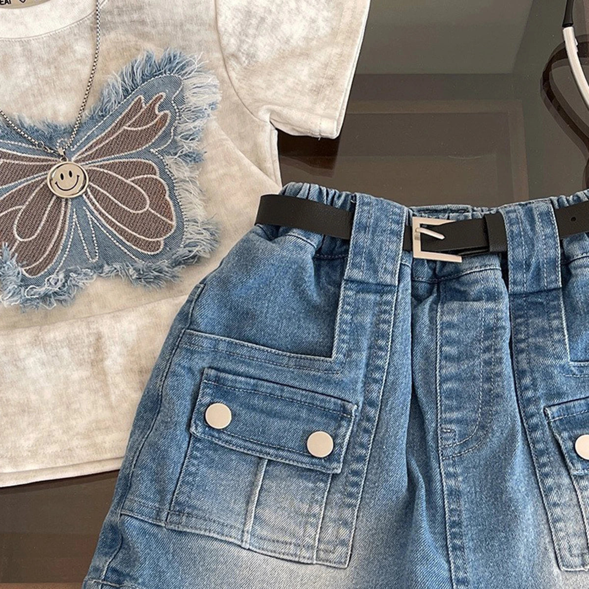 Girls White Butterfly Applique T-Shirt With Denim Shorts Sets 2 pc. Sets