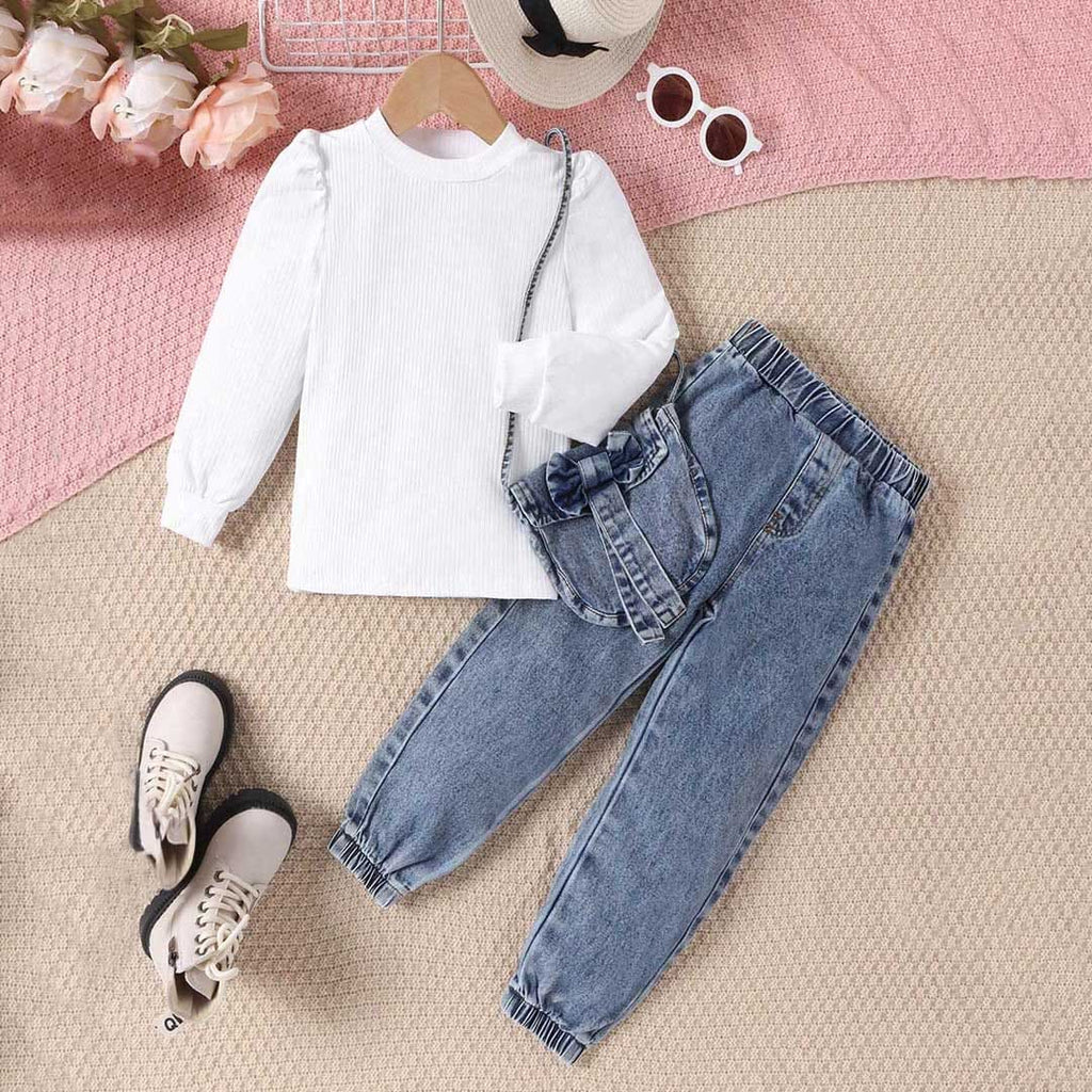 Girls Long Sleeve Knitted Top With Denim Jogger Set