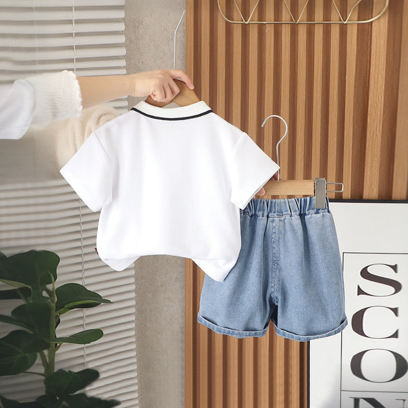 Boys White Cartoon Graphic Polo T-Shirt With Denim Shorts Set 2 pc. Sets