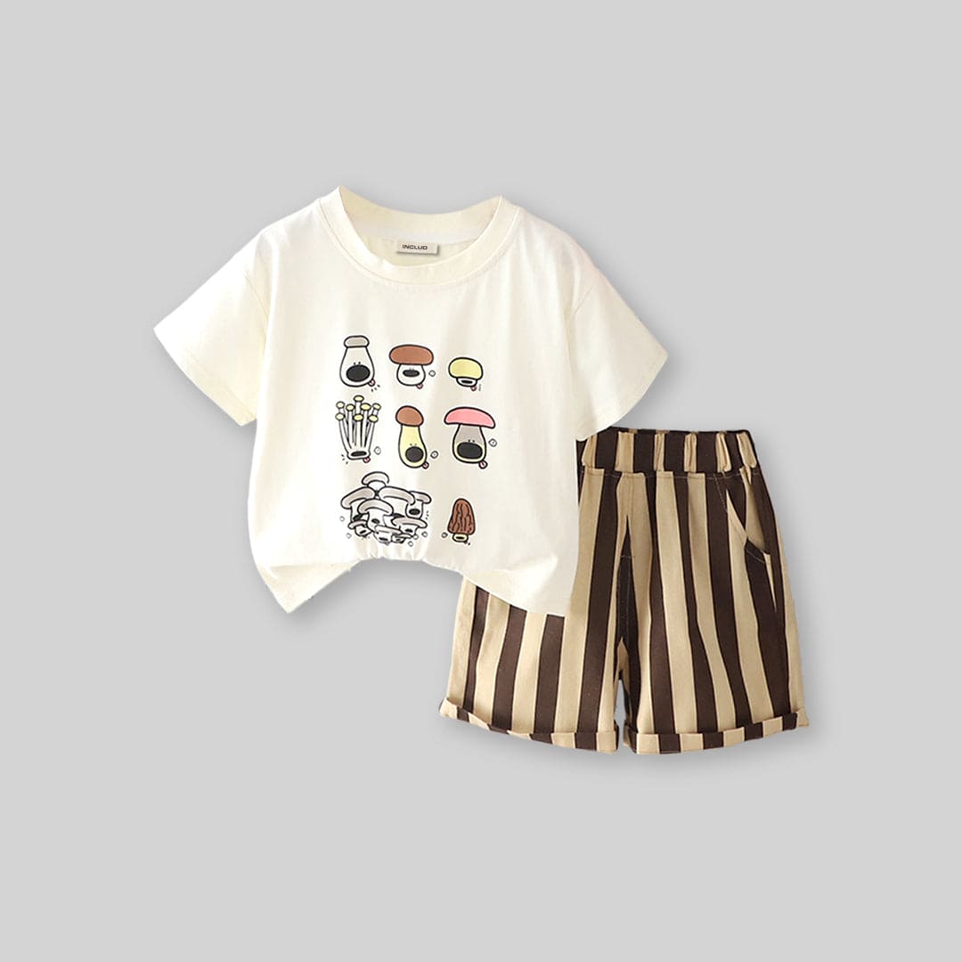 Boys Printed T-shirt with Striped Shorts Set Sets White 1-2 Y 